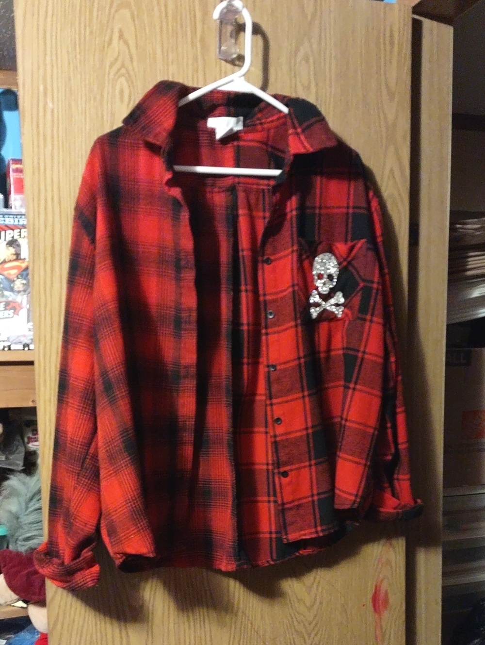 Red Plaid Button-Down Shirt with Skull Patch